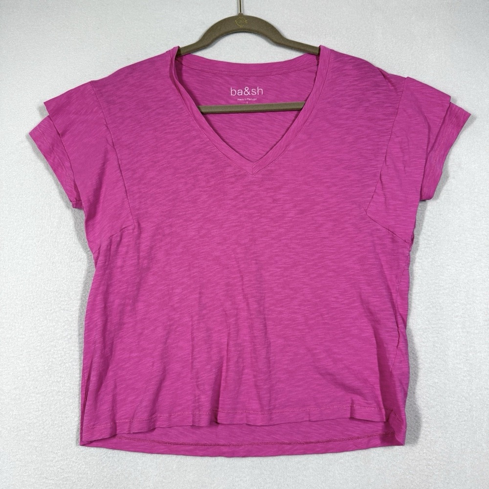 Ba&sh Top Women Small Viny Lady T-Shirt Tee Slub Cotton Layered Cuff Sleeve Rose